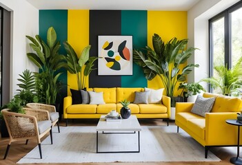 Modern Living Room with Yellow Sofa and Tropical Plants
