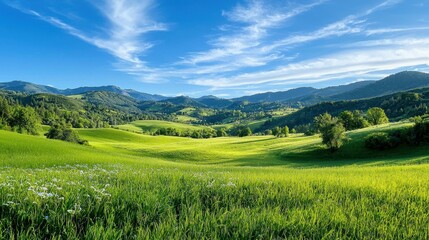Vibrant green valley landscape under a clear blue sky.