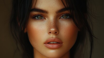 Fototapeta premium Intense portrait of young caucasian female with freckles and dark hair