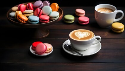 Delicious Macarons and Latte Art Coffee on Wooden Table