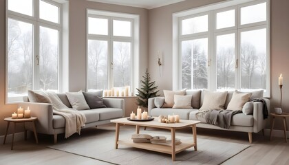 Fototapeta premium Cozy Winter Living Room with Snow Covered Landscape