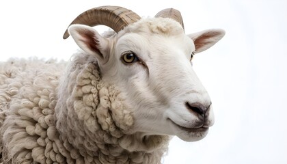 Close-up Portrait of a White Ram with Horns