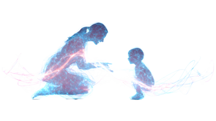 A mother and child as quantum physicists entangling glowing particles, fractal light trails, isolated on white background