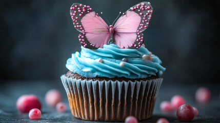 Chocolate Cupcake with Blue Frosting and Pink Butterfly Decoration