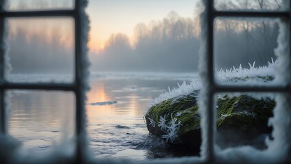 Frozen Window View of Lake with Mossy Rock and Morning Light