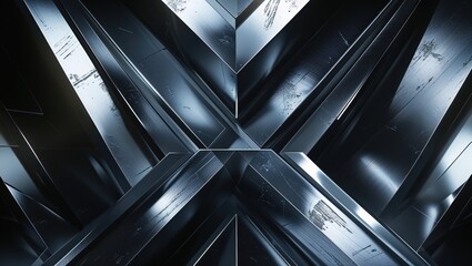 Abstract metallic background with intersecting geometric shapes, creating a visually striking and dynamic composition. The dark, cool tones and textured surfaces add depth and complexity.