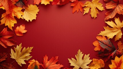 Fototapeta premium Colorful autumn maple leaves in red, orange, and yellow hues arranged around a central empty space on a warm background perfect for seasonal designs