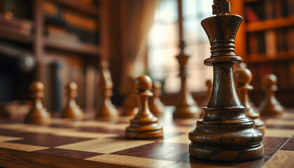 Close-Up of a Chessboard with Wooden Pieces