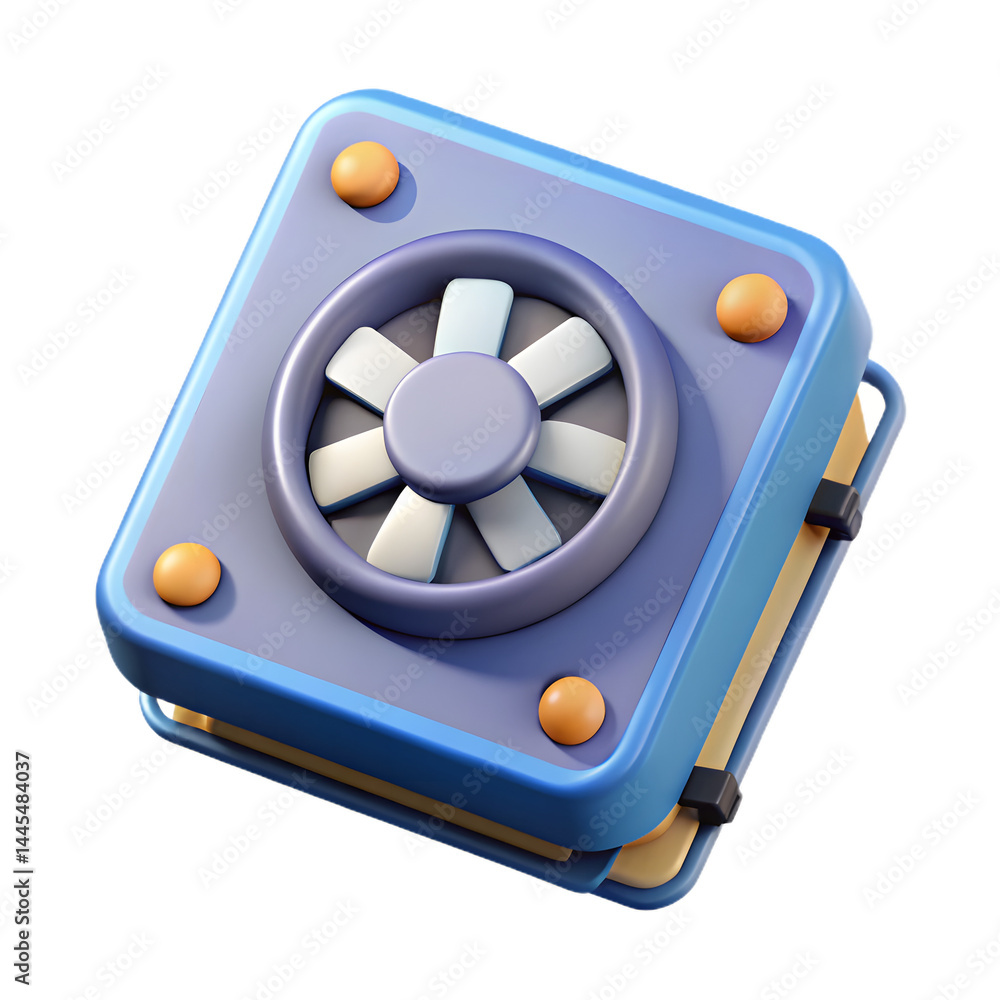 Poster stylized 3d render of a compact cooling fan unit, featuring a blue and beige color scheme. the fan b