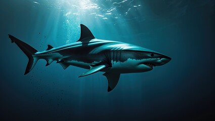 Majestic great white shark gracefully glides through the deep ocean, sunlight illuminating its powerful form.