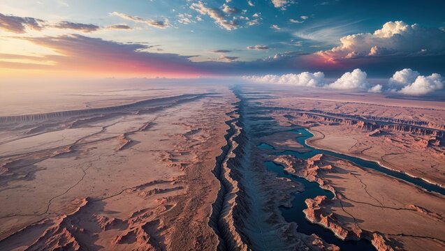 Aerial view of a vast canyon landscape at sunset. The dramatic colors of the sky contrast beautifully with the arid terrain and winding waterway. - Powered by Adobe