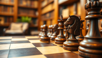 Close-Up of a Chessboard with Wooden Pieces