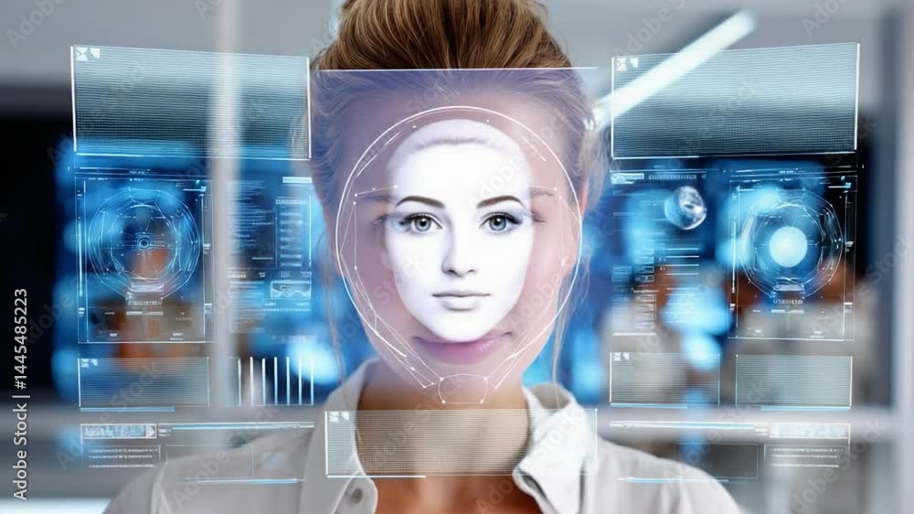 Aufkleber futuristic facial recognition: a sophisticated digital overlay analyzes a person's features, emphasi