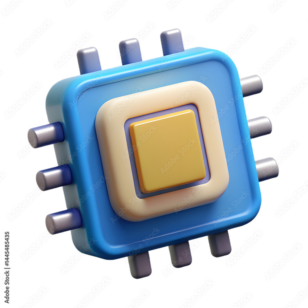 Poster modern microprocessor icon a 3d rendered image of a blue and yellow microchip isolated on a white ba