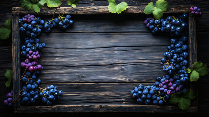 Dark Grapes on Rustic Wooden Tray Background