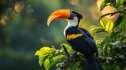 Fototapeta premium Colorful toucan perched on a branch in lush tropical forest
