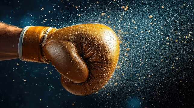 Powerful boxing glove impact.  Golden dust erupts from a forceful punch