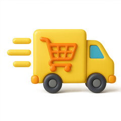 Yellow delivery truck with shopping cart icon in motion  