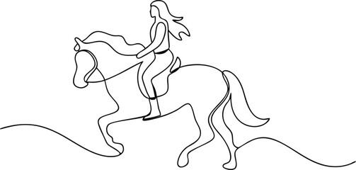Continuous single line drawing of a female rider on a galloping horse in minimalist linear art style

