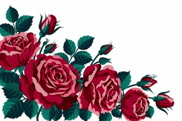 Naklejka premium Crimson Roses in Full Bloom: Elegant arrangement of deep crimson roses, each petal exquisitely detailed, forming a delicate floral display. Their lush leaves provide a striking contrast.