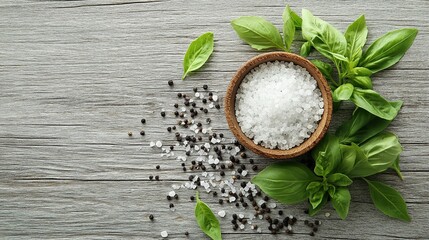 Fresh basil leaves with sea salt and peppercorns on rustic wooden background food herb green white