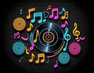 Obraz premium Neon Music Vinyl Record on Brick Wall