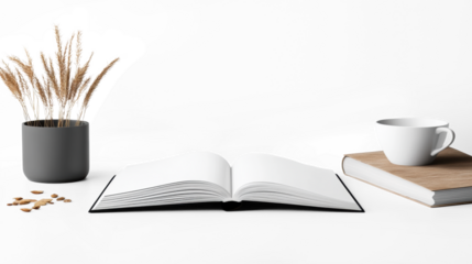 Open Book with Cup and Plant on Transparent Background