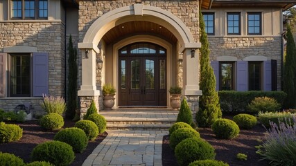 Obraz premium Exquisite french country style luxury suburban house with beautiful exterior design and lush landscaping in a picturesque neighborhood