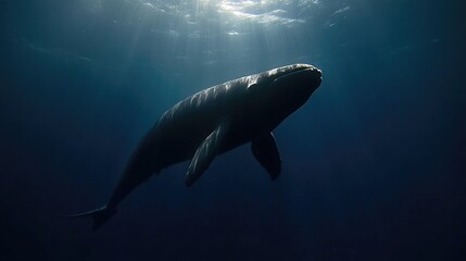 Fototapeta premium Majestic whale in deep ocean depths. Sunlight beams through water