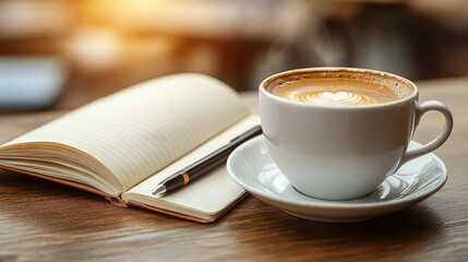 Steaming latte and journal embrace the day