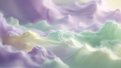 Obraz premium Dreamy pastel landscape of swirling cream, resembling soft mountains in a serene palette of lavender, mint, and vanilla.