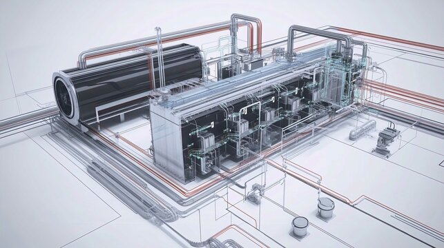 Advanced Machine 3D Model in Industrial Engineering Design: Automation Equipment, Technical Illustration & Digital Blueprint for Manufacturing Process, Control Systems & Pipeline Network
