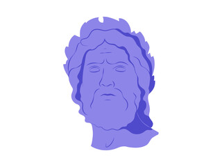 A fierce dramatic bust in purple shades. An ancient greek mythological figure. Aesthetic 2000s sculpture.