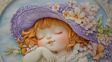 Fototapeta premium Whimsical Art: Girl with Flowers in Ceramic Relief, Exuding Relaxation and Joyful Expression in Springtime Themes with Vibrant Colors and Delicate Features 