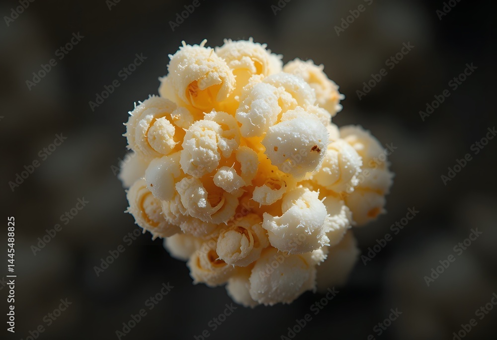 Poster popcorn kernel close up, a detailed macro view of a single piece. texture, light and shadow play acr