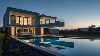 Obraz premium Luxurious modern house showcasing minimalist architectural design with sleek exterior and sophisticated features in an upscale suburban environment