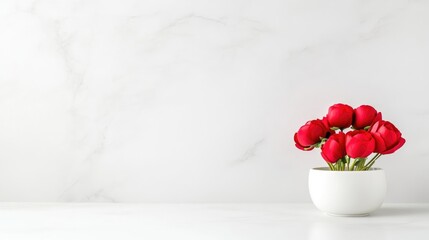 A white ceramic vase filled with vibrant red roses on a sleek marble countertop, minimalist interior design, and elegant floral arrangement.