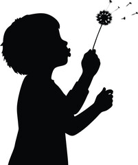silhouette of a child blowing dandelion on white background
