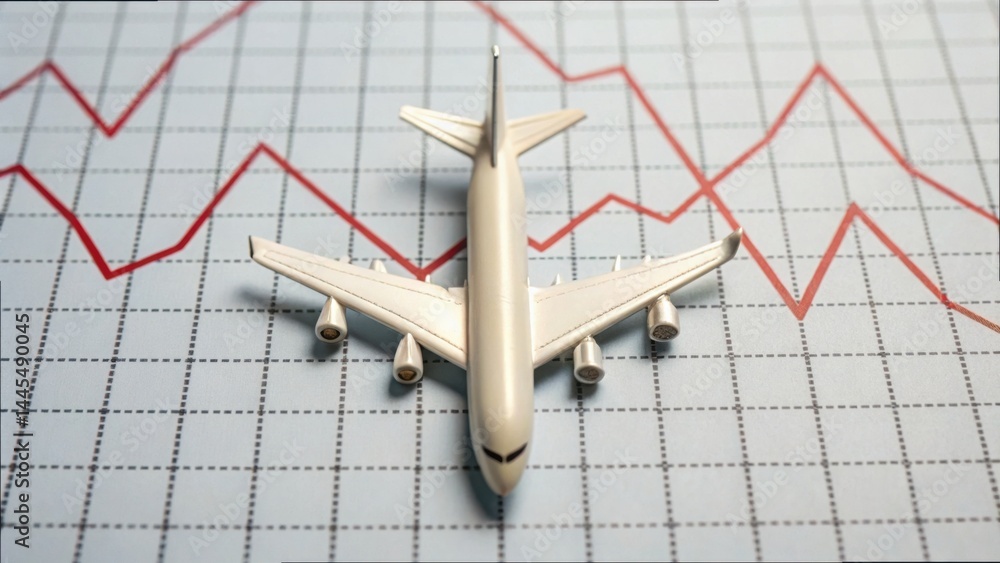 Poster model airplane on financial graph with upward trends and analytics