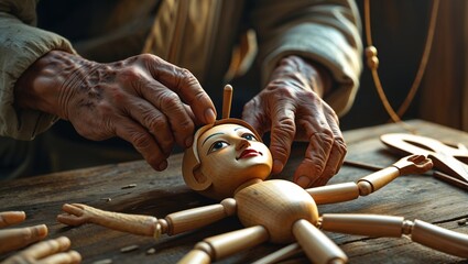 Elderly Asian man's hands carefully assemble a wooden puppet, showcasing meticulous craftsmanship and a timeless art form.