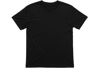 A simple black t shirt with short sleeves is centered on a white background in a studio shot