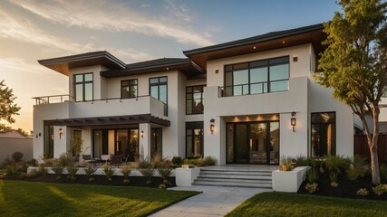 Elegant luxury suburban house exterior featuring modern two-story design with inviting architecture set against a scenic backdrop of nature