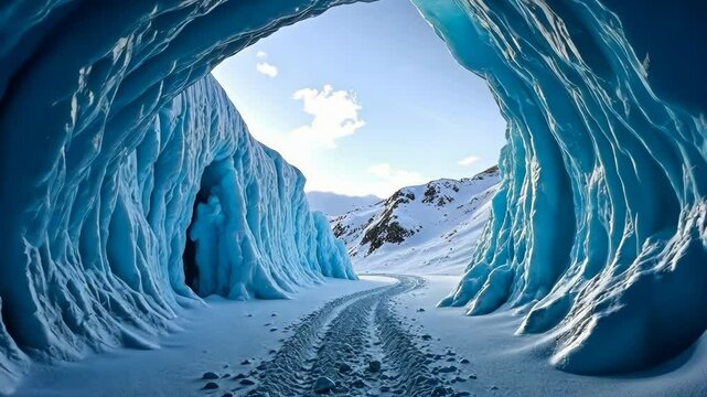 Snowy mountain path seen through icy blue cave tunnel, natural lighting, outdoor setting. Concept of winter exploration and frozen wilderness