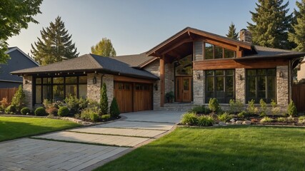 Elegant luxury suburban ranch-style house exterior showcasing modern design and inviting curb appeal in a picturesque neighborhood setting