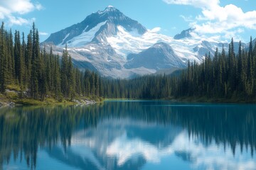 Serene mountain lake reflecting a majestic peak