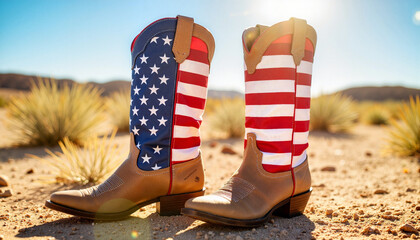 Patriotic cowboy boots in desert sunlight, US Independence Day