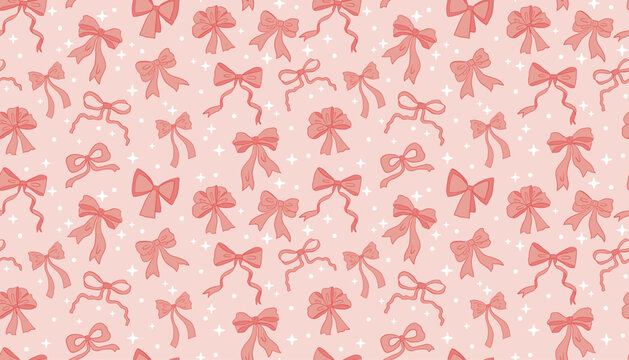 Fototapeta Pink coquette style ribbon bows, dots and stars seamless pattern. Retro cartoon festive girlish wrapping paper, textile and cover.