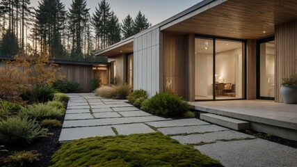 Fototapeta premium Contemporary scandinavian-inspired house exterior with elegant design elements and natural surroundings creating a cozy and inviting atmosphere
