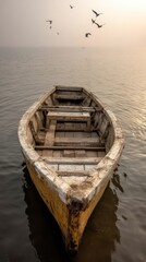 Wooden boat on still water, with birds in sky.