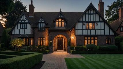 Naklejka premium Charming tudor-style house exterior showcasing timeless design and character in a picturesque neighborhood setting perfect for family living